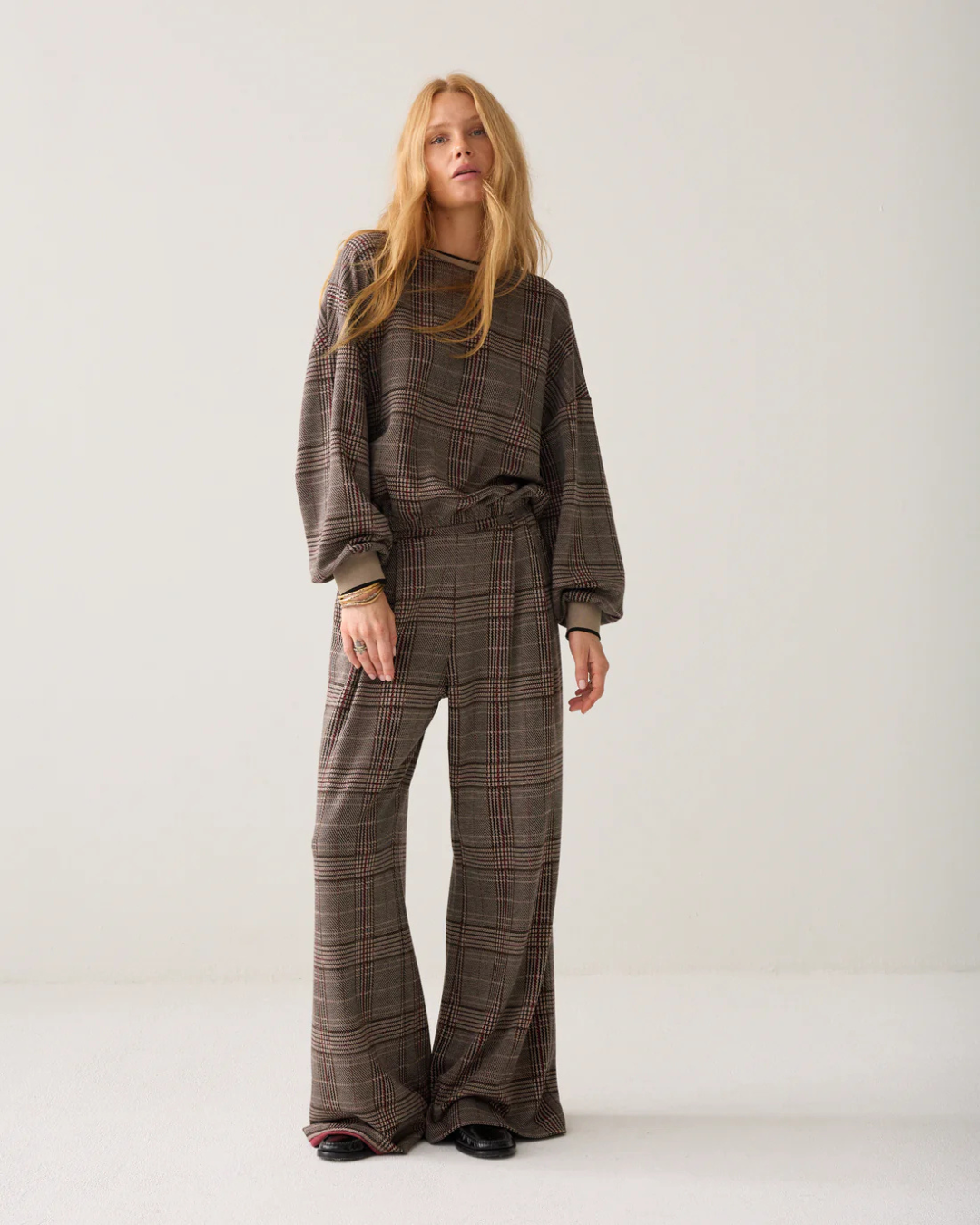 Wide-Leg Trousers in Plaid Jacquard