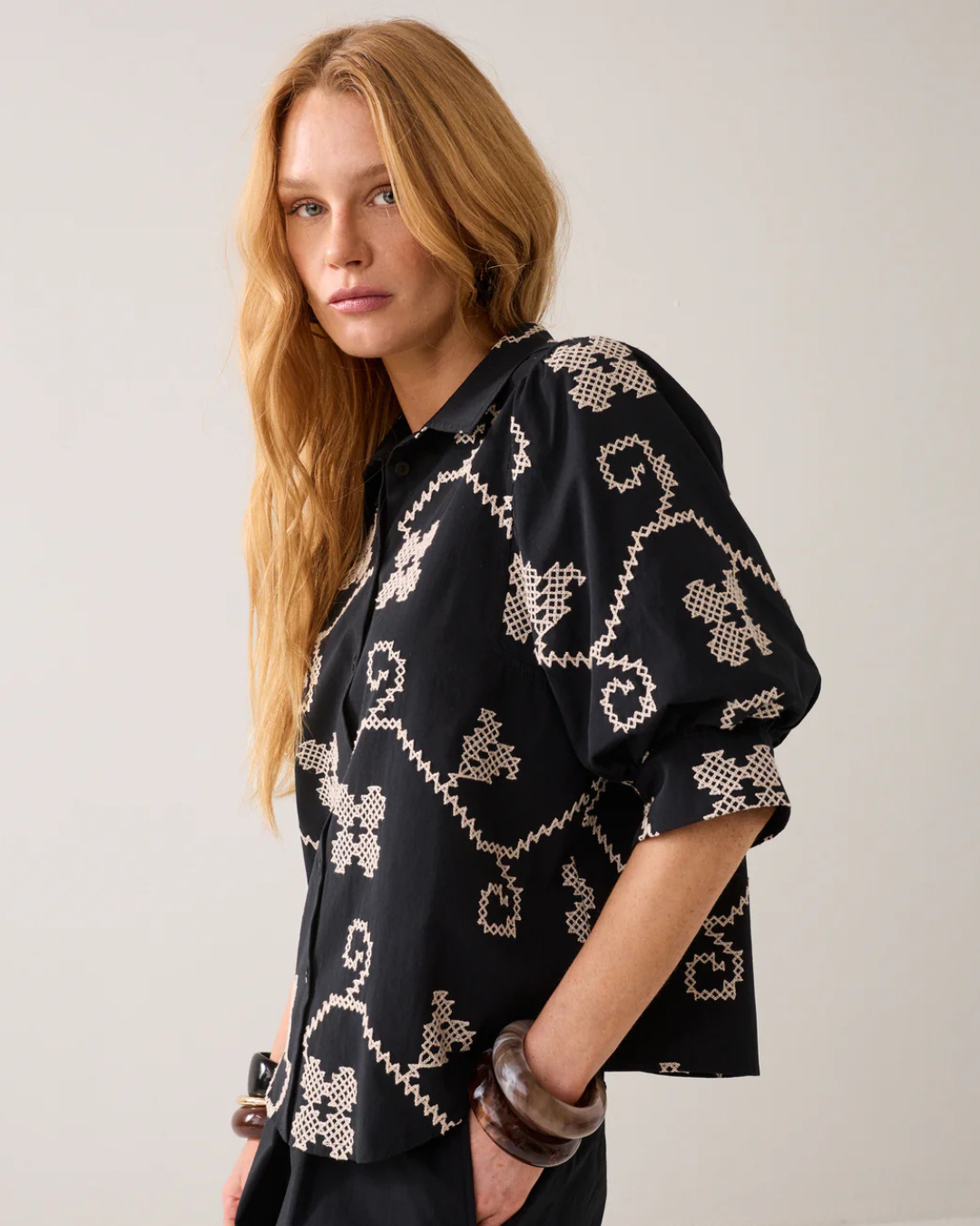 Embroidered blouse with contrast