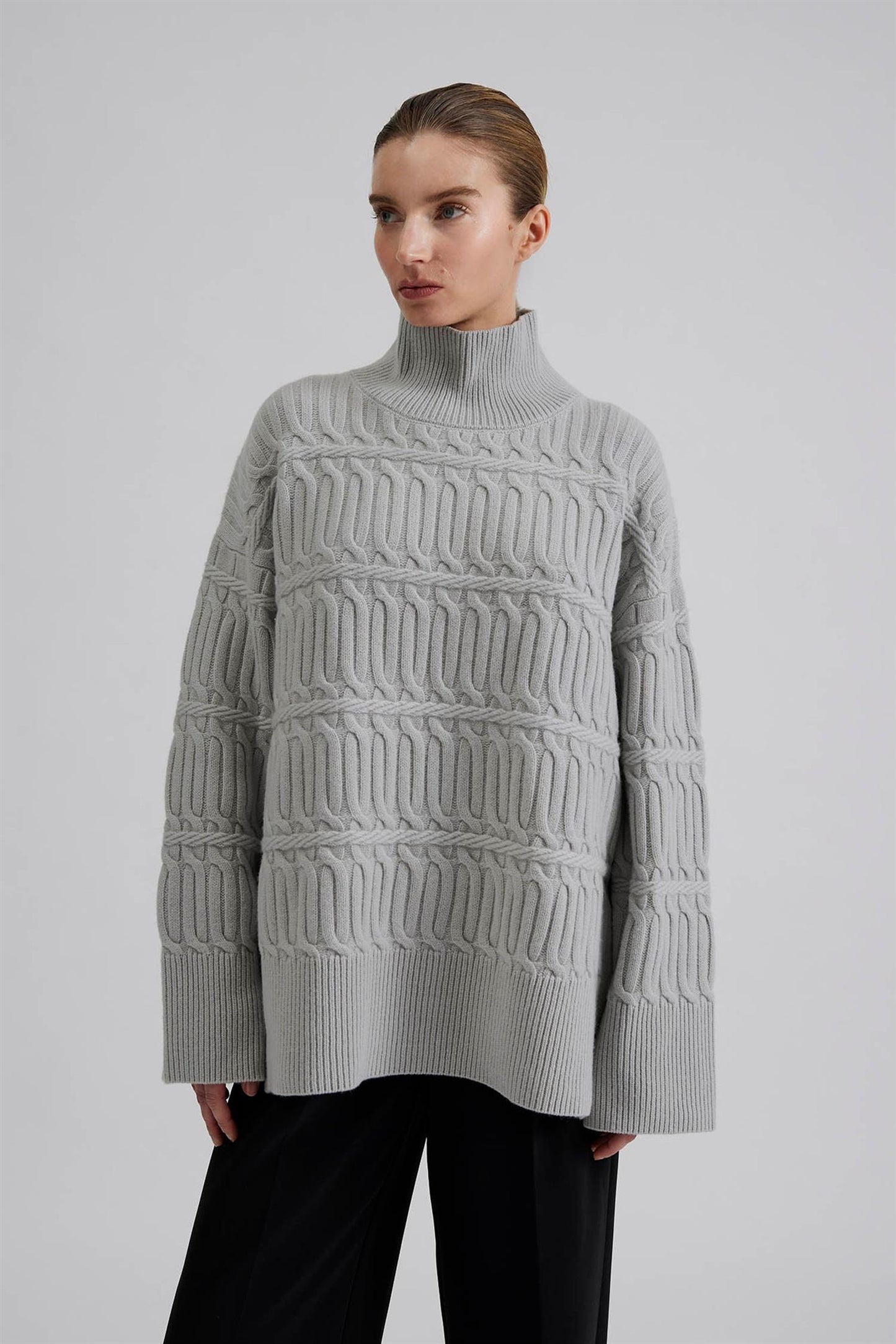 Adelyn Cable Knit Merino Blend Sweater Steel