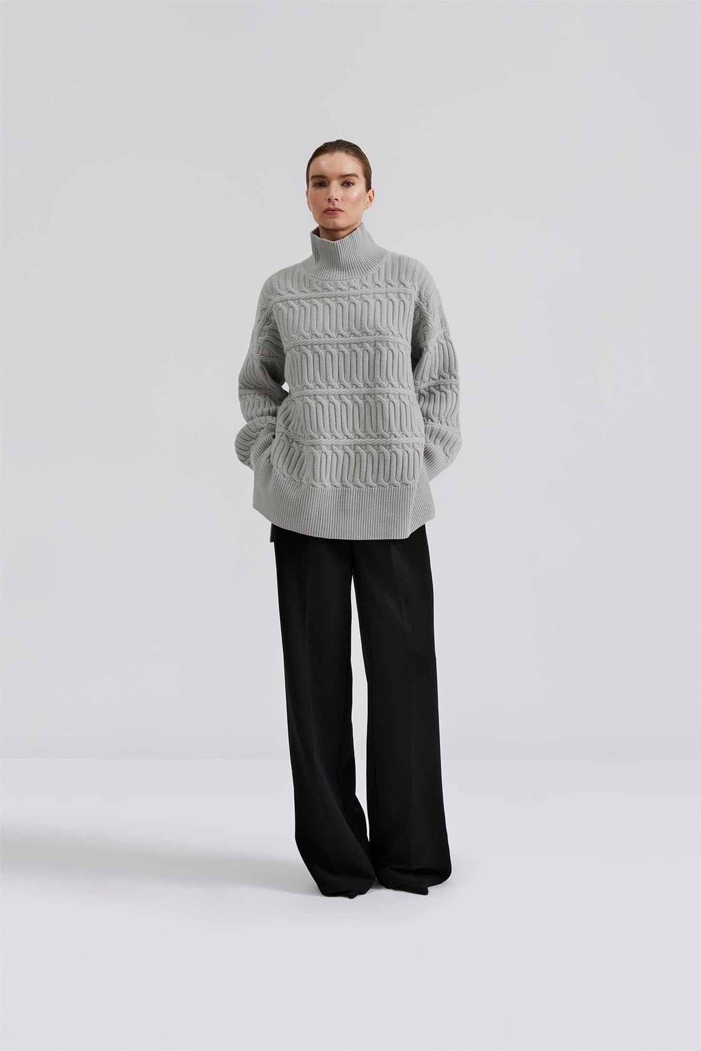 Adelyn Cable Knit Merino Blend Sweater Steel