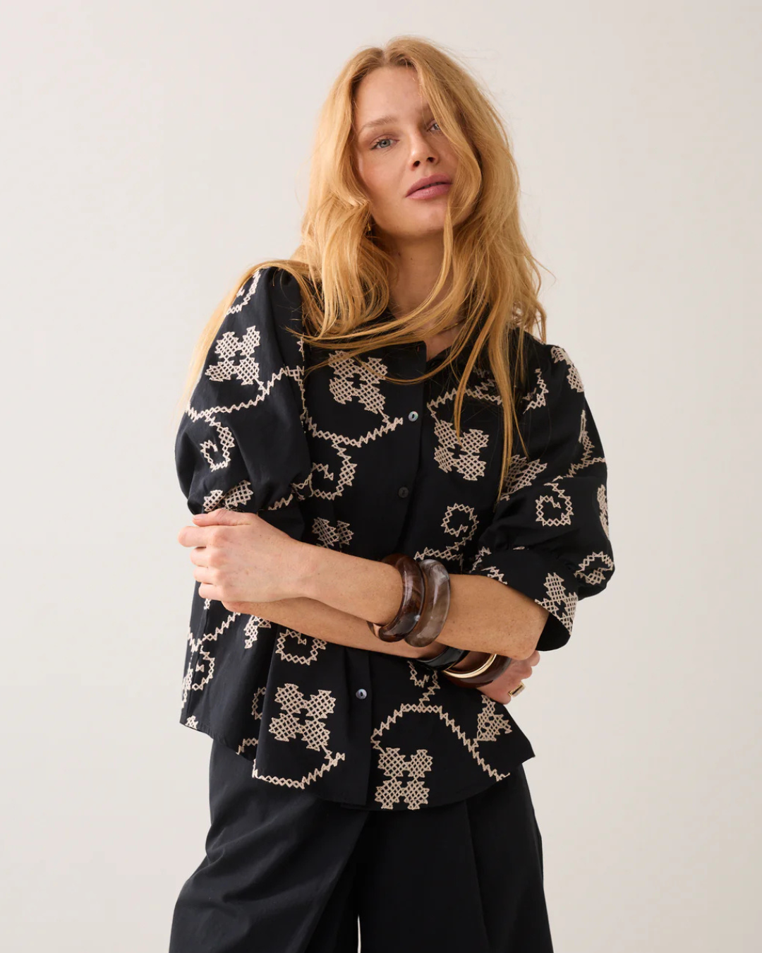 Embroidered blouse with contrast