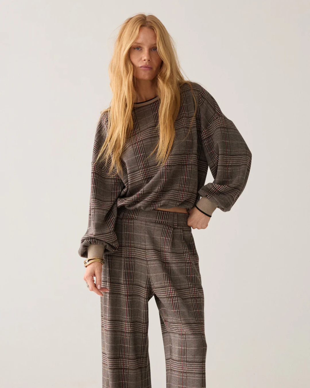 Wide-Leg Trousers in Plaid Jacquard